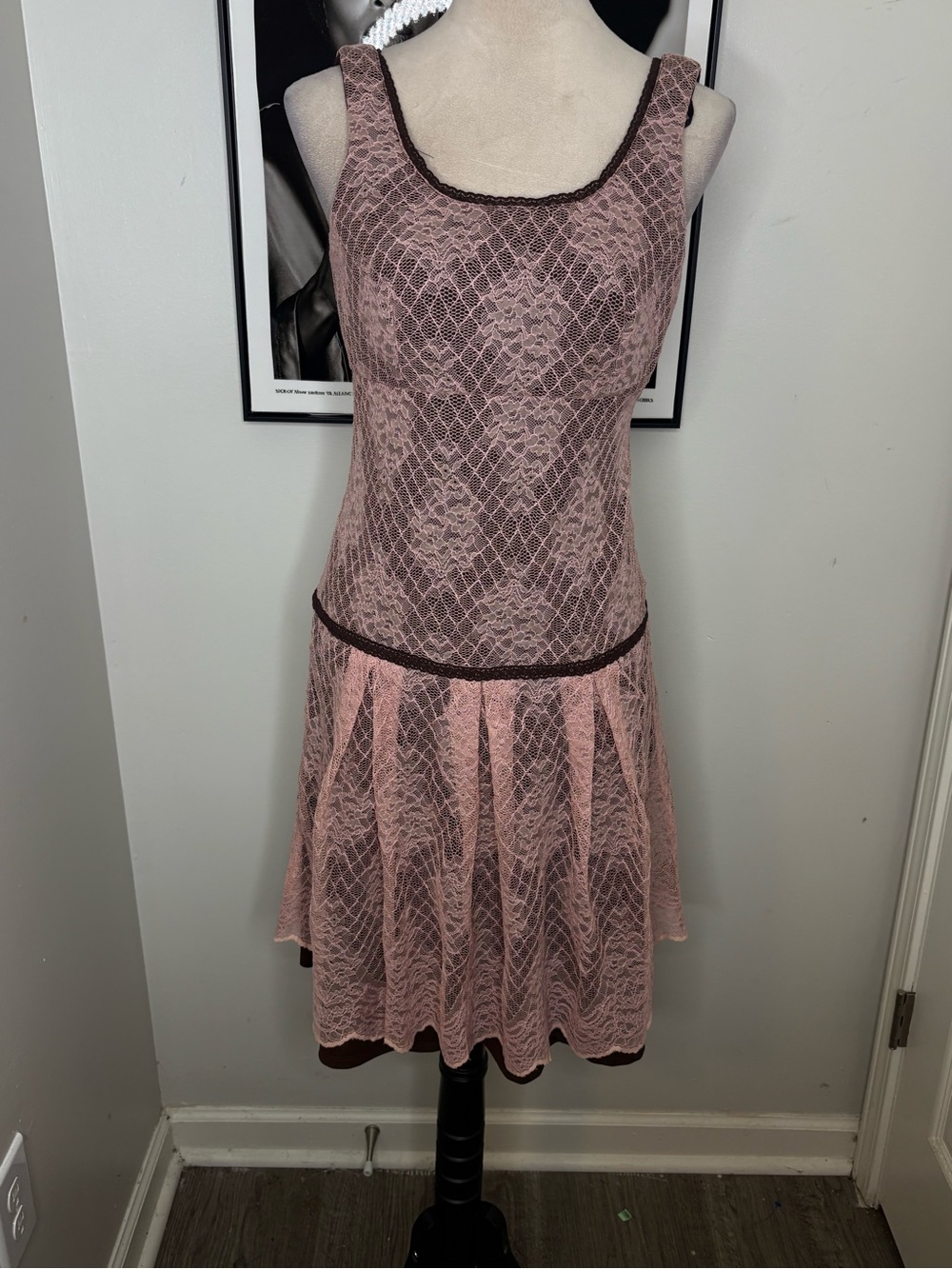 Rabbit Rabbit Rabbit Pink Lace Dress with Brown Trim